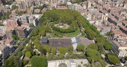 Aerial view of the Giardino Bellini, also known as Villa Bellini (in English: Bellini Garden). It is the oldest urban park in Catania, the second largest city in Sicily, Italy. Sunny summer morning.