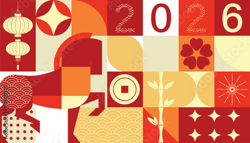 Happy Chinese New Year 2026 Year of the Horse vector geometric illustration with red gold and orange shapes. Modern festive design for greeting card poster banner packaging and background.