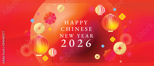 Happy Chinese New Year 2026 vector greeting card with red and gold lanterns floral fireworks elements. Festive oriental design for celebration poster banner invitation and background.