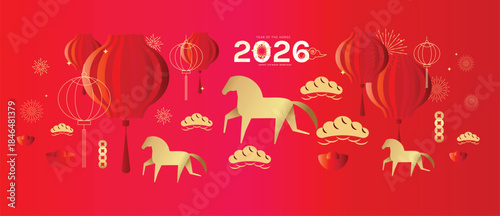  Happy Chinese New Year 2026 Year of the Horse vector illustration with red and gold zodiac horses lantern icons and lucky symbols. Design for greeting cards banners posters packaging and backgrounds.