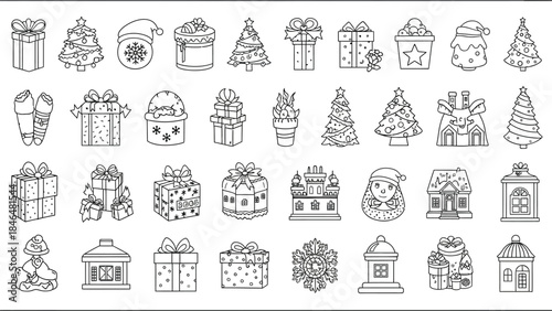 Detailed Outline Christmas Gift Boxes and Holiday Decoration Icons Set, Hand-Drawn Style Vector Elements for Festive Packaging and Seasonal Designs