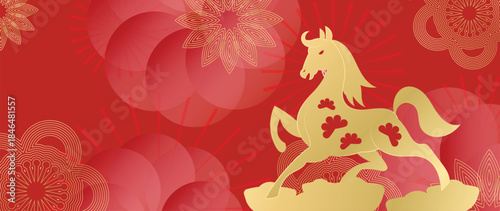 Happy Chinese New Year 2026 Year of the Horse vector illustration with red and gold zodiac horses lantern icons and lucky symbols. Design for greeting cards banners posters packaging and backgrounds.