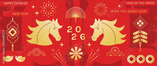  Happy Chinese New Year 2026 Year of the Horse vector illustration with red and gold zodiac horses lantern icons and lucky symbols. Design for greeting cards banners posters packaging and backgrounds.