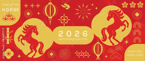  Happy Chinese New Year 2026 Year of the Horse vector illustration with red and gold zodiac horses lantern icons and lucky symbols. Design for greeting cards banners posters packaging and backgrounds.
