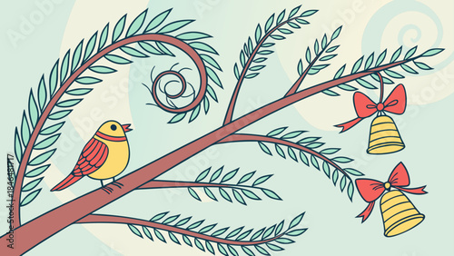 Christmas bird and bells illustration isolated on transparent background