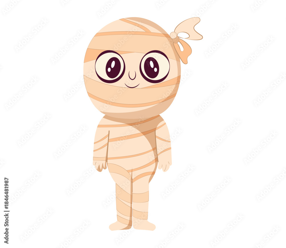 Naklejka premium Cute cartoon mummy girl character with bandages and bow for kids Halloween projects