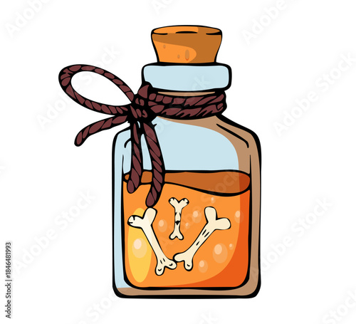 Halloween potion bottle with bones and rope tie, cartoon style
