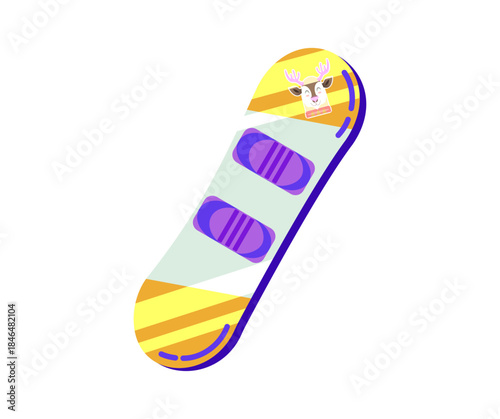 Cute cartoon reindeer on a colorful neon snowboard with purple bindings and yellow stripes