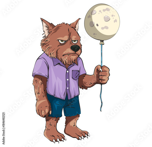 Grumpy werewolf cartoon holding moon balloon in casual purple shirt and shorts, outdoor Halloween party
