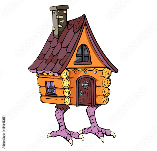 Whimsical cartoon log cabin hut on chicken legs with colorful roof and chimney