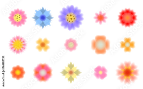 Blur flowers. Colorful gradient icons. Different blossoms, botanical element set for design. Floral decoration, spring watercolor bloom petals. Vector isolated illustration