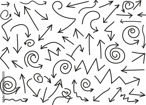 A variety of hand-drawn arrows, swirls, and zigzags in black on a white background, creating a dynamic visual pattern.