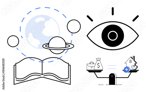 Knowledge concept. Knowledge through planetary system exploration, open book, financial balance, and vision elements. Knowledge inspiring discovery and innovation. For education, finance, science