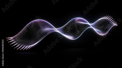 Abstract glowing wave of light particles on a black background.