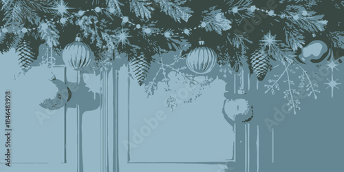 Festive Christmas tree branch with ornaments and snowflakes in blue tones