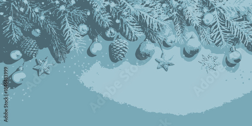 Festive Christmas tree branches with ornaments and snow