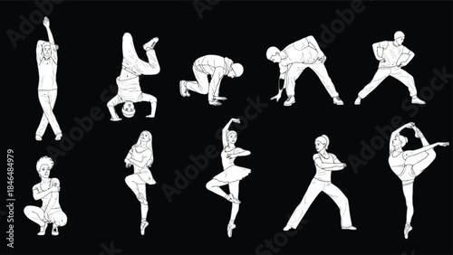Dynamic Human Figures Silhouettes Collection Illustrating Diverse Dance and Exercise Poses Vector Art Set