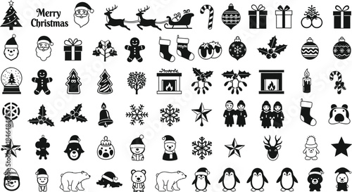Mega Christmas Holiday Icon Collection: Extensive Set of Diverse Festive Symbols including Santa, Reindeer, Trees, Gifts, Snowflakes, Animals, and "Merry Christmas" Text.