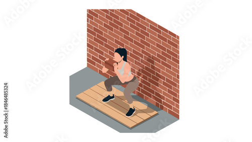 Isometric exercise illustration of person doing squats against brick wall on wooden platform