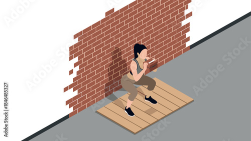 Isometric woman exercising against brick wall background in urban setting