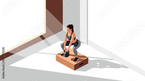 Woman exercising with kettlebell in minimalist gym setting