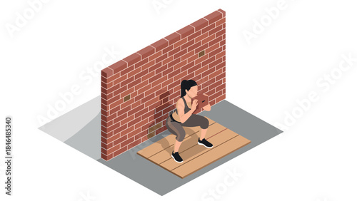 Isometric exercise scene with woman squatting against brick wall