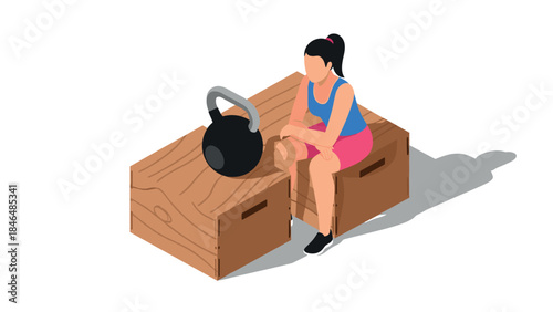Isometric woman resting on gym box with kettlebell for fitness and workout inspiration