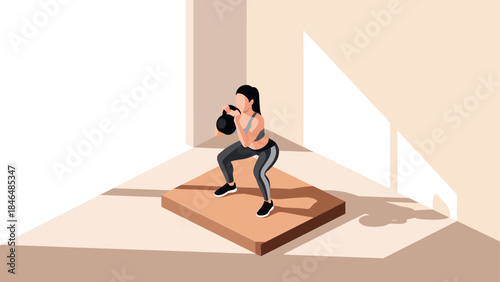 Woman performing kettlebell squat exercise on step platform in minimalist workout space
