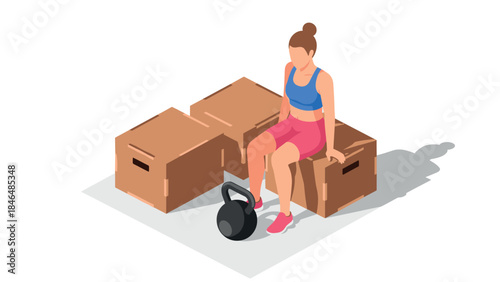 Isometric fitness scene: woman resting on box with kettlebell in gym setting