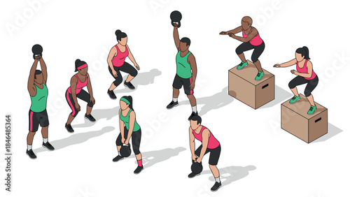Group fitness workout with kettlebells and box jumps in isometric style
