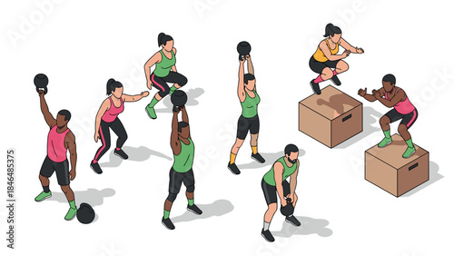 Fitness enthusiasts exercising with kettlebells and box jumps in dynamic isometric style
