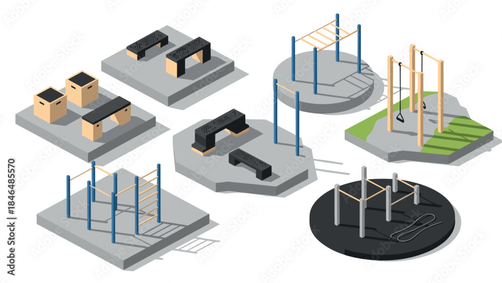 Obraz premium Isometric outdoor fitness equipment set for urban gym design