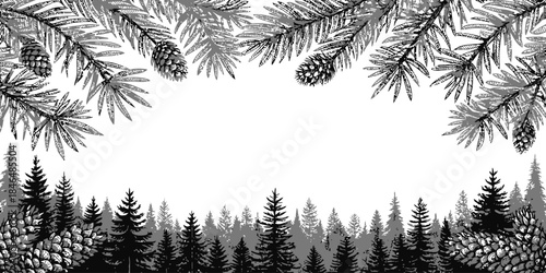 Monochromatic forest landscape with pine trees and cones border