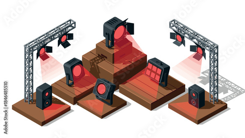 Isometric stage lighting setup with red spotlights and equipment