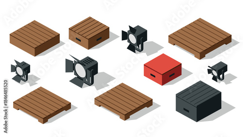 Isometric set of platforms and spotlights in minimalist design