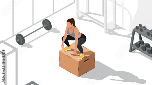 Fitness training in gym: woman doing box jumps in isometric style