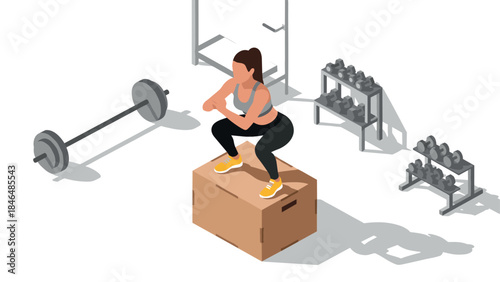 Isometric woman exercising in gym: box jump and weightlifting equipment