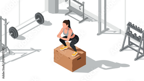 Woman exercising in modern gym environment with box jump equipment