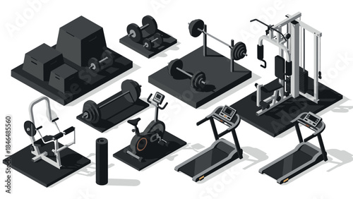 Isometric gym equipment set: treadmills, weights, machines in modern style