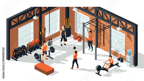 Modern isometric gym scene with people exercising in industrial style interior