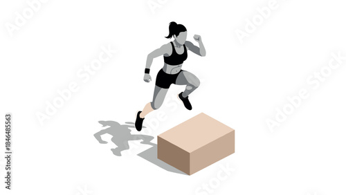 Athletic woman performing box jump exercise in minimalist isometric style
