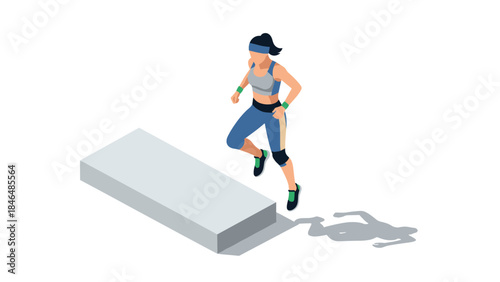 Isometric fitness woman exercising on step platform in activewear