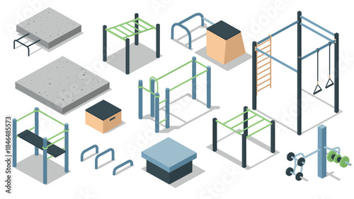 Outdoor fitness equipment set in isometric art for urban exercise and training areas