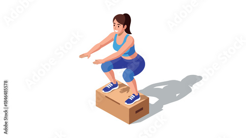 Woman practicing box jump exercise in modern isometric style
