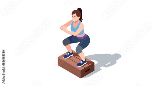 Female athlete performing box jump exercise in isometric style for fitness training concepts