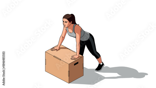 Woman performing elevated push-up exercise with box in dynamic fitness routine