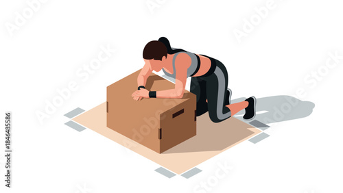 Athlete resting on box during workout in isometric style