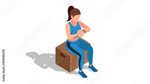 Isometric fitness enthusiast with smartwatch on box