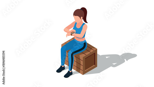 Woman in fitness outfit checking smartwatch while sitting on wooden box in isometric style