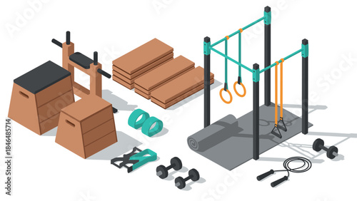 Modern gym equipment isometric set for fitness and workout spaces